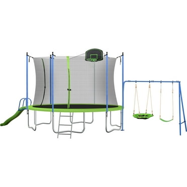 14FT Trampoline Set with Swing, Slide and Basketball Hoop, Recreational Trampoline with Enclosure Net and Ladder,  Reinforced Sports Fitness Trampolines for Kids Adults, Green
