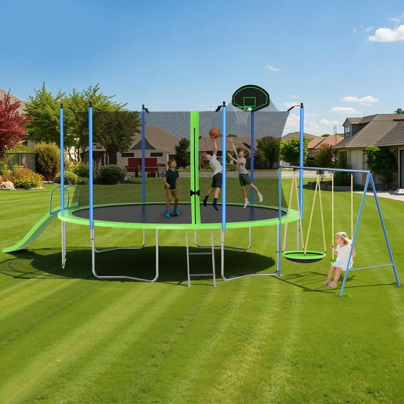 14FT Trampoline with Slide, Swing, SEGMART Recreational Trampoline with Basketball Hoop and Ladder, Heavy Duty Outdoor Backyard Trampoline with Net for Kids and Adults, Green