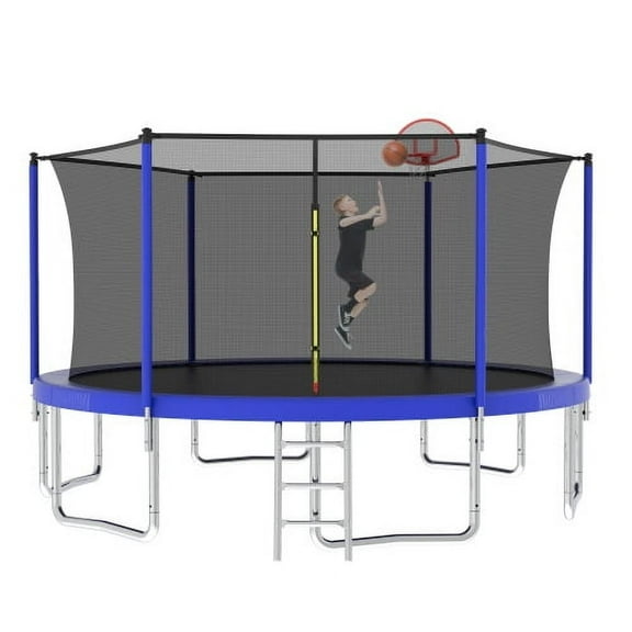 14FT Trampoline for Kids and Adults,Outdoor Large Recreational Trampoline with Ladder and Basketball Hoop,Blue