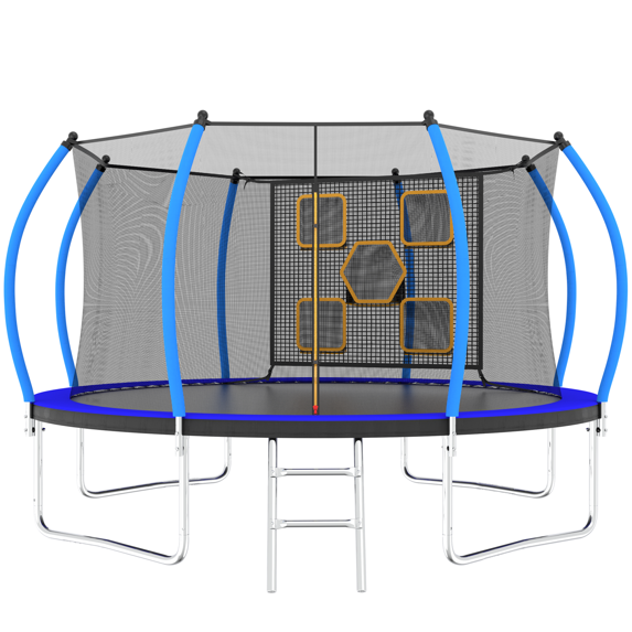 14FT Trampoline for Kids and Adults, Outdoor Recreational Trampolines with Ladder, Toss Game and Enclosure Net, Black+Blue