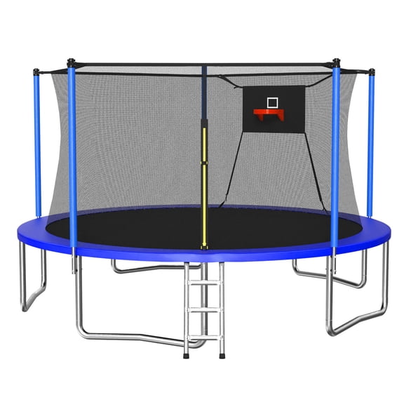 14FT Trampoline with Enclosure Net for Outdoor Fun, Blue Steel Recreational Trampoline for Backyard