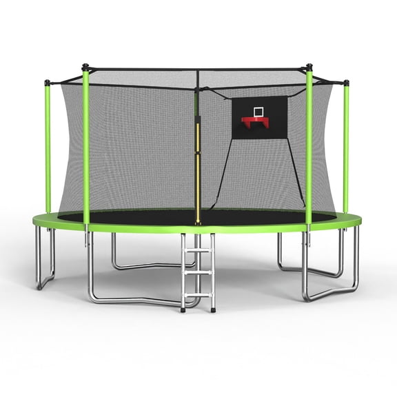 14FT Trampoline with Safety Enclosure Net, 80 Galvanized Springs, Durable UV-Resistant Mat, 5 Foam Padded Poles, Anti-Rust Galvanized Steel Frame