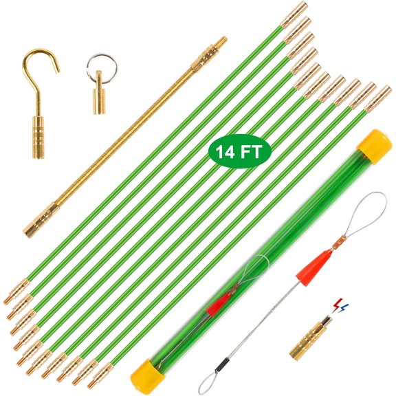 14FT Wire Fhing Tool Fh Tape Cable Rods, Bright Green Wire Puller with 5 Different Attaments in a Carrying Case