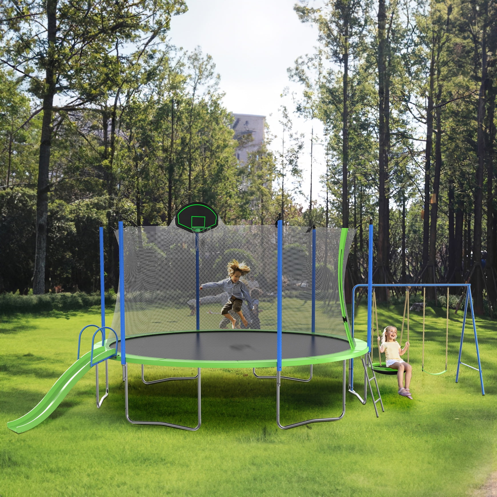 14FTTrampoline with Slide and Swing Recreational Trampoline with Basketball Hoop and Ladder Rebounder Trampoline for Adults Outdoor Backyard