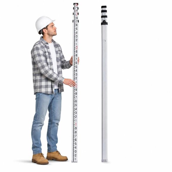 14Ft Aluminum Alloy Leveling Rod, 6 Sections, Double-Sided 1/10 Ft Scale, Bubble Level, Carrying Bag