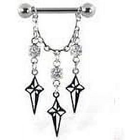 14G (1.6mm) Star/Cross With Diamond Nipple Ring With A Bullet Chain 316L Surgical Steel Nickel Free (4 pieces (2 Pair)) (B/5/5)