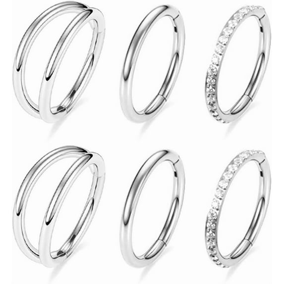 Melighting 16G G23 Titanium Helix Oorbel Scharnierende Segment Ring Kraakbeen Hoepels 6/8/10mm Dubbele Rij Helix Piercing Sieraden Shinny CZ Conch Ring Septum Ringen Tragus Daith Oorbellen, Titanium