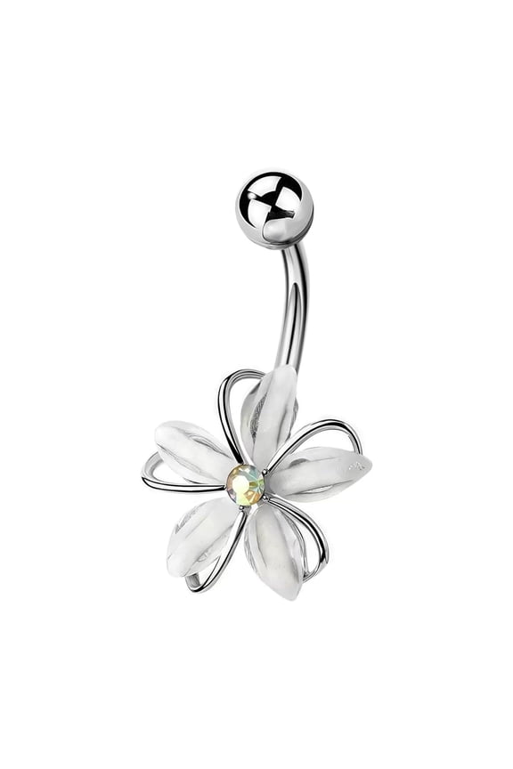 14G 316L Flower Belly Button Ring Stainless Steel CZ Centered Wire Flower Belly Button Ring Body Piercing Jewelry