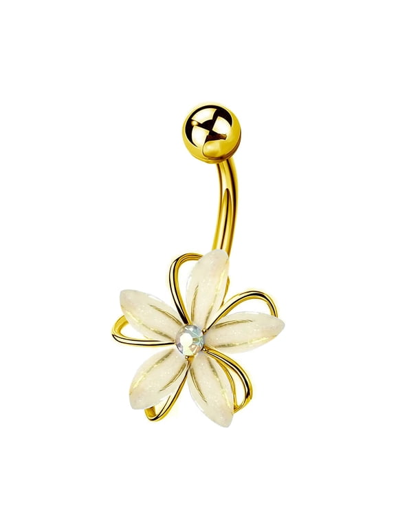14G 316L Flower Belly Button Ring Stainless Steel CZ Centered Wire Flower Belly Button Ring Body Piercing Jewelry