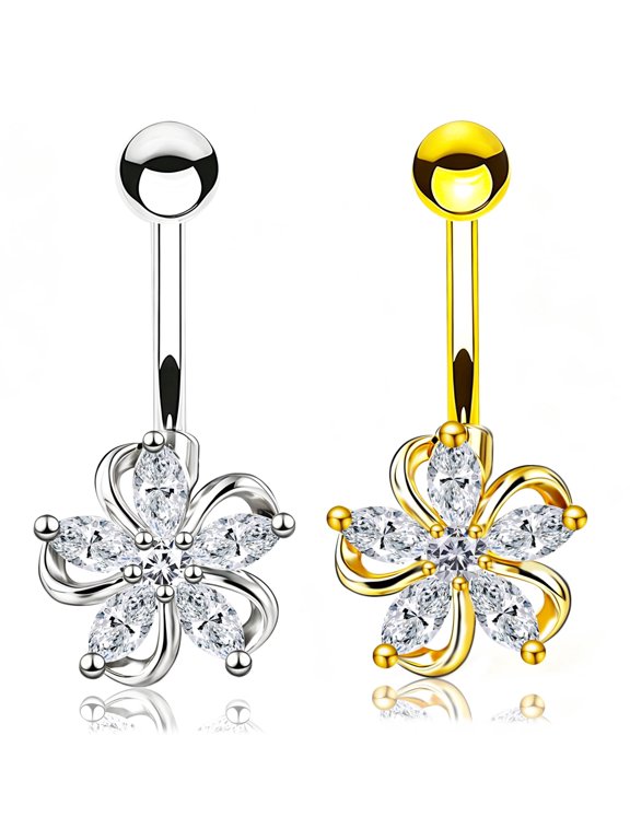14G 316L Flower Belly Button Ring Stainless Steel CZ Flower Belly Button Ring Body Piercing Jewelry 2PCS