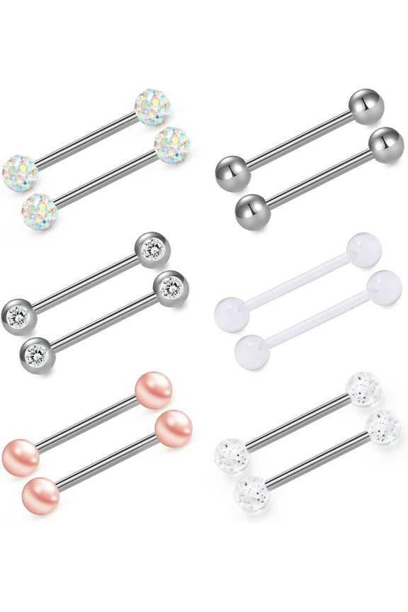 14G 6 Pairs Nipple Rings Tongue Ring 5/8" Surgical Steel Silver Briana Williams Piercing Barbells