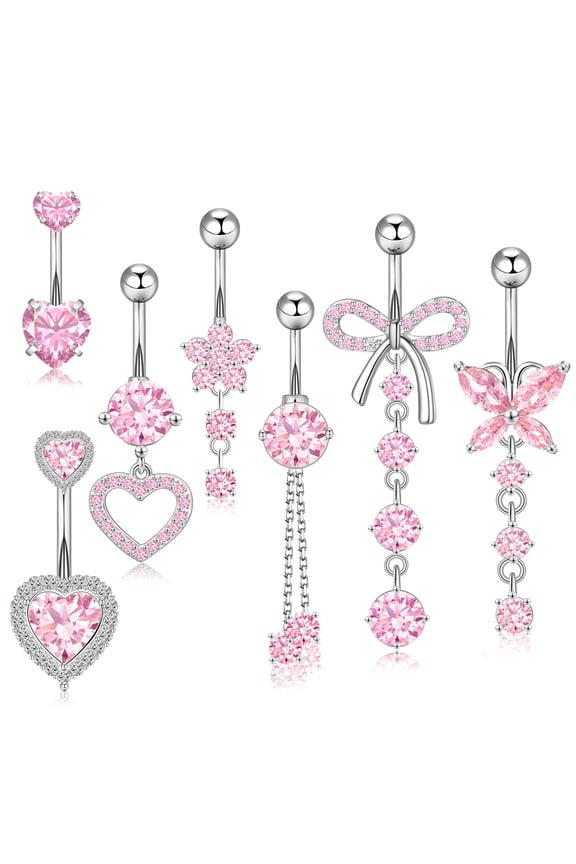 14G Belly Button Ring Dangle Belly Button Piercing Surgical Stainless Steel Belly Rings Cute CZ Heart Butterfly Flower Dangling Belly Piercing Jewelry for Women 7Pcs
