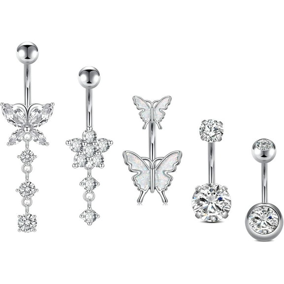 14G Belly Button Rings, Stainless Steel Diamond Belly Rings For Women, Dangle Belly Button Rings With Butterfly, 6mm Short & 10mm Bar Navel Piercings