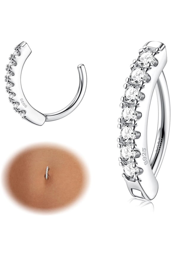 14G Belly Button Rings for Women Hypoallergenic 925 Sterling Silver Clicker Ring Cubic Zirconia Paved Reverse Curved Navel Barbell Piercing Jewelry -