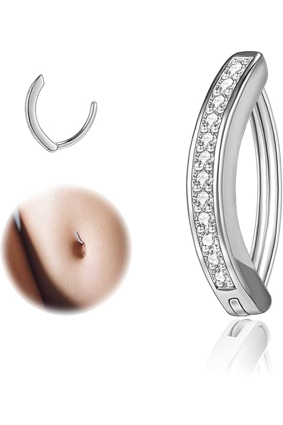 14G Clicker Belly Button Rings for Women, 925 Sterling Silver Belly Barbell Piercing Simulated Diamonds Rivet Reverse Curved Navel Barbell Body Jewelry