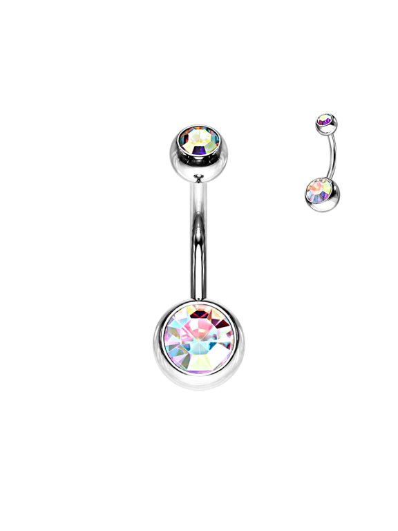 14G Curved Barbell 7/16 Inch Surgical Steel Aurora Borealis Double AB CZ Barbell Belly Ring 11mm