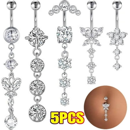 14G Dangle Belly Button Rings - Surgical Steel Silver and Rose Gold CZ Piercing Jewelry for Women