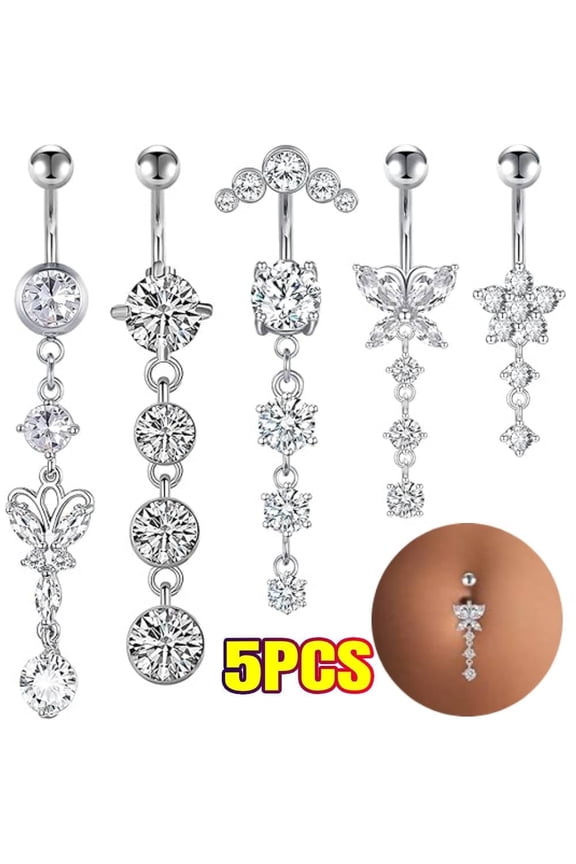 14G Dangle Belly Button Rings - Surgical Steel Silver and Rose Gold CZ Piercing Jewelry for Women