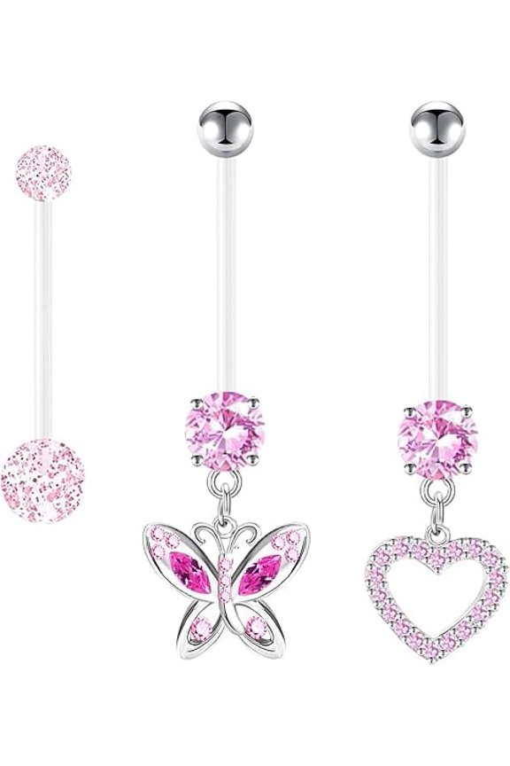 14G Flexible Clear Acrylic Pregnancy Belly Button Ring Butterfly Heart Dangle Pregnancy Maternity Belly Rings 3PCS