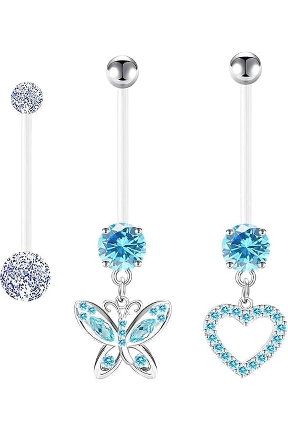 14G Flexible Clear Acrylic Pregnancy Belly Button Ring Butterfly Heart Dangle Pregnancy Maternity Belly Rings 3PCS