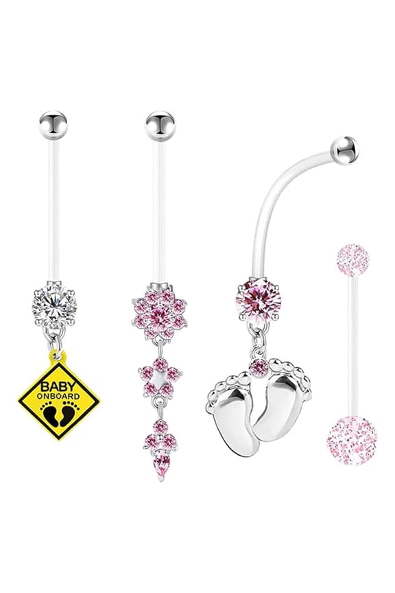 14G Flexible Clear Acrylic Pregnancy Belly Button Ring Flower,Letter Dangle Pregnancy Maternity Belly Rings 4PCS