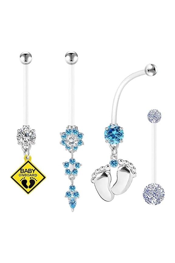 14G Flexible Clear Acrylic Pregnancy Belly Button Ring Flower,Letter Dangle Pregnancy Maternity Belly Rings 4PCS