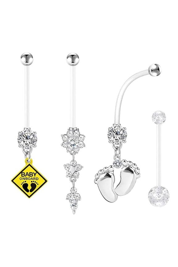 14G Flexible Clear Acrylic Pregnancy Belly Button Ring Flower,Letter Dangle Pregnancy Maternity Belly Rings 4PCS