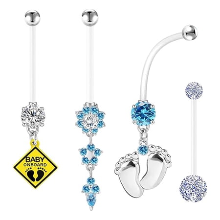 14G Flexible Clear Acrylic Pregnancy Belly Button Ring Flower,Letter Dangle Pregnancy Maternity Belly Rings 4PCS