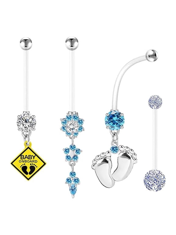 14G Flexible Clear Acrylic Pregnancy Belly Button Ring Flower,Letter Dangle Pregnancy Maternity Belly Rings 4PCS