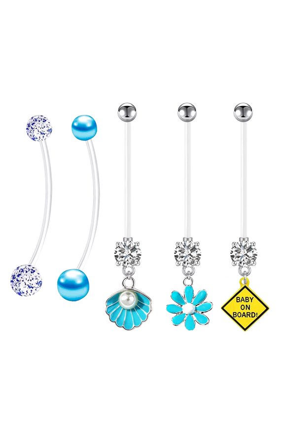 14G Flexible Clear Acrylic Pregnancy Belly Button Ring Shell Flower Dangle Pregnancy Maternity Belly Rings 5PCS