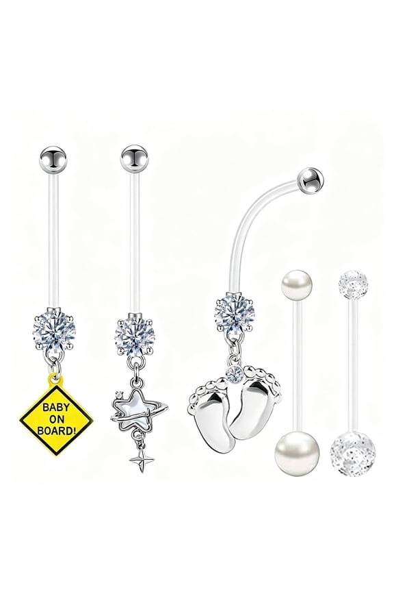 14G Flexible Clear Acrylic Pregnancy Belly Button Ring Stars, Letters Dangle Pregnancy Maternity Belly Rings 5PCS