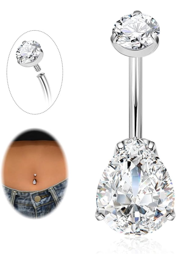 14G G23 Pure Titanium Belly Button Ring for Women Internally Threaded Belly Ring Teardrop Navel Ring CZ Belly Button Piercing Jewelry 10MM