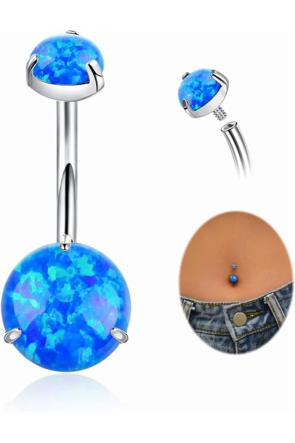 14G G23 Titanium Belly Button Rings for Women Opal Belly Rings Internal Threaded Curved Barbell Hypoallergenic Round Navel Piercing 6‑16MM-14g10mm-blue