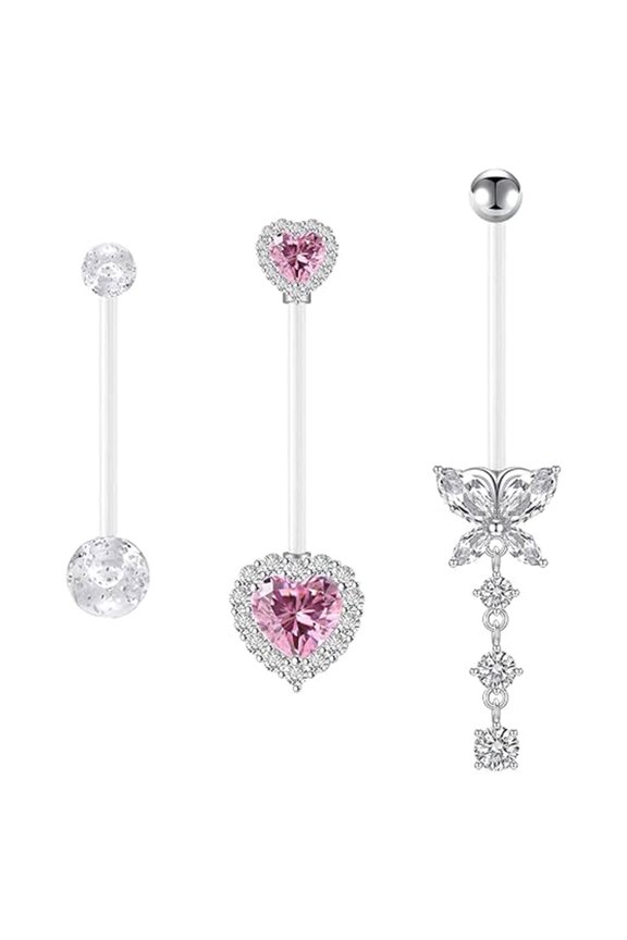 14G Heart Flexible Clear Acrylic Pregnancy Belly Button Ring Butterfly Dangle Pregnancy Maternity Belly Rings 3PCS