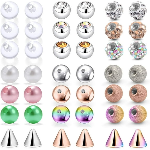 14G Mix Color Replacement Balls Jewelry Piercing Stainless Steel & Clear Acrylic Barbell Parts for Industrial Barbell/Nipple Rings/Tongue Rings 42PCS