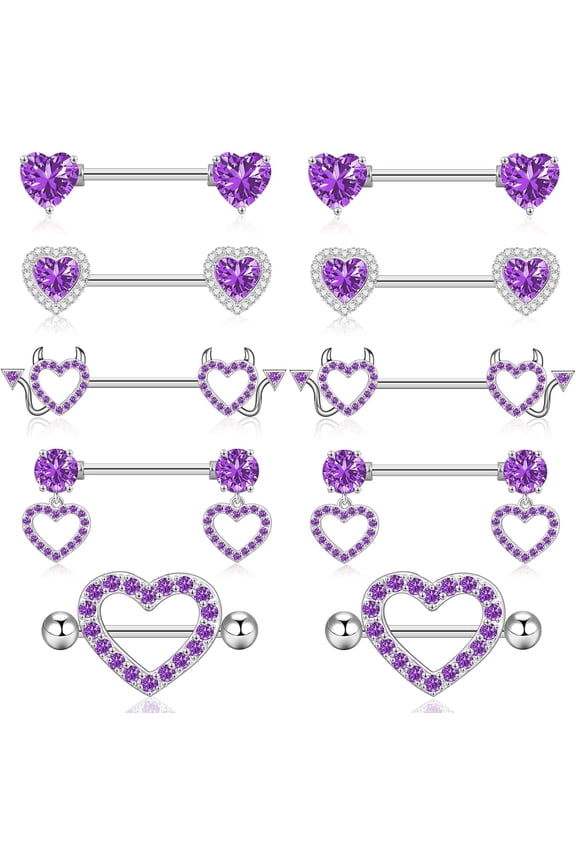 14G Nipple Rings 5-8 Pairs Stainless Steel Nipple Niercing Jewelry Heart Dangle Barbell Tongue Rings Set Cute Pink CZ Nipple Jewelry