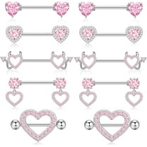 14G Nipple Rings 5-8 Pairs Stainless Steel Nipple Niercing Jewelry Heart Dangle Barbell Tongue Rings Set Cute Pink CZ Nipple Jewelry