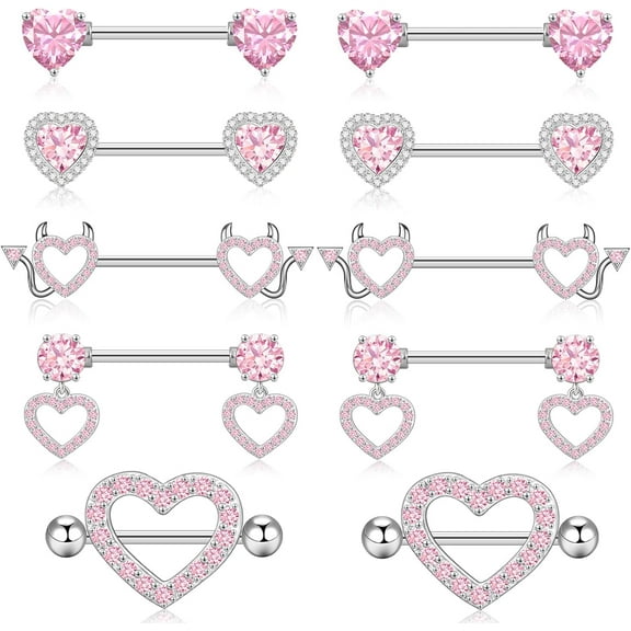 14G Nipple Rings 5-8 Pairs Stainless Steel Nipple Niercing Jewelry Heart Dangle Barbell Tongue Rings Set Cute Pink CZ Nipple Jewelry