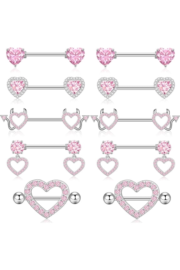 14G Nipple Rings 5-8 Pairs Stainless Steel Nipple Niercing Jewelry Heart Dangle Barbell Tongue Rings Set Cute Pink CZ Nipple Jewelry
