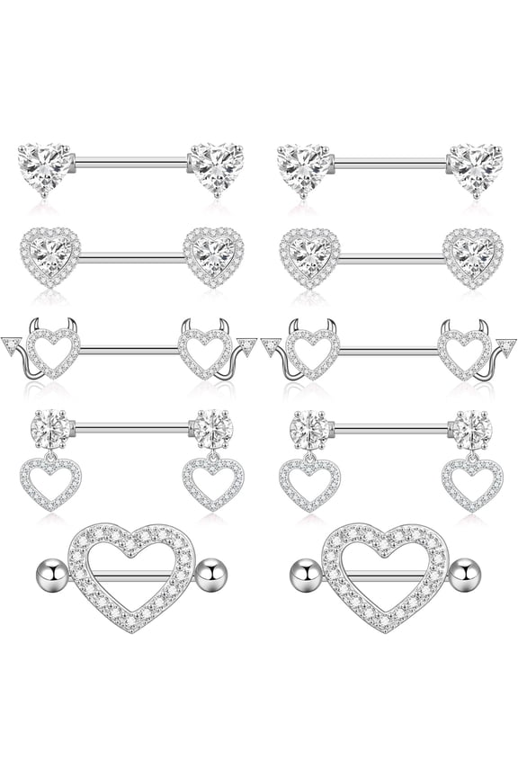14G Nipple Rings 5-8 Pairs Stainless Steel Nipple Niercing Jewelry Heart Dangle Barbell Tongue Rings Set Cute Pink CZ Nipple Jewelry