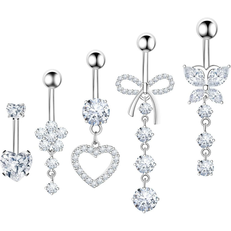 Surgical Steel Double Heart CZ Flower Gem Dangle Belly Button Navel Ring Surgical Steel Double Heart CZ Flower Gem Dangle Belly Button Navel Ring