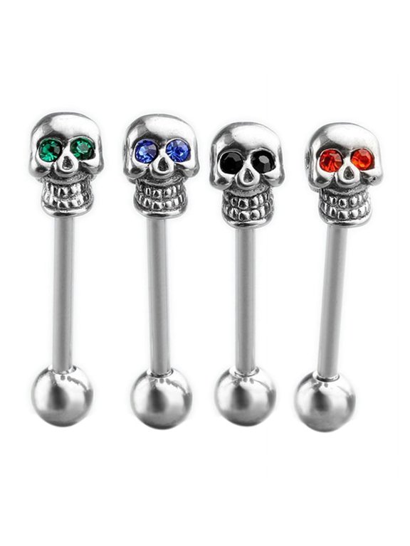 14G Stainless Steel CZ Gem Skull Silvery Tongue Barbell Ring Bar Body Piercing