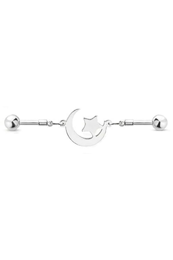 14G Stainless Steel Helix Cartilage Earring Crescent Moon with Star Link Industrial Barbell 1 1/2"