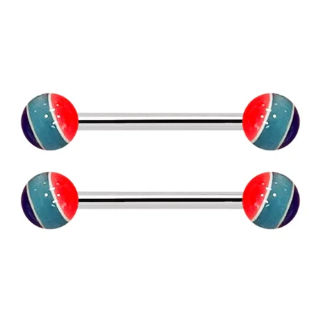 14G Surgical Steel or Titanuim Nipple Ring UV Acrylic Stripes Balls Nipple Barbell 9/16" 14mm - Sold as Pair