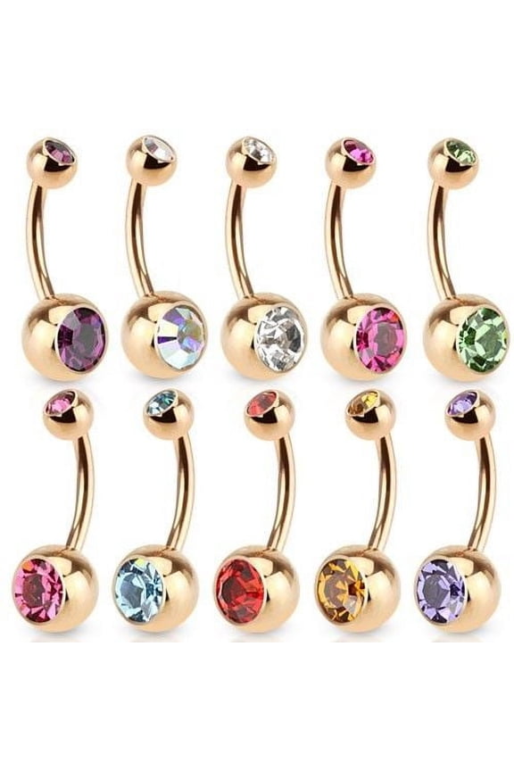 14GA Double CZ Basic Navel Ring Rose Gold IP Over 316L Surgical Steel - 10 Color
