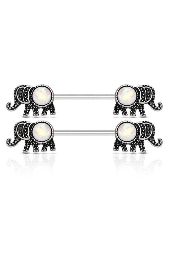 14GA Elephant w/Synthetic Opal Glitter Set 316L Surgical Steel Barbell Nipple Ring - SOLD AS PAIR