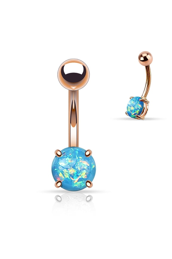 14GA Opal Glitter Prong Set Rose Gold IP Over 316L Surgical Steel Belly Button Ring