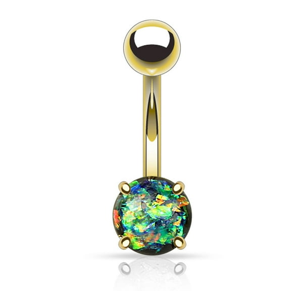 14GA Synthetic Opal Glitter Prong Set Gold IP Over 316L Surgical Steel Belly Button Ring