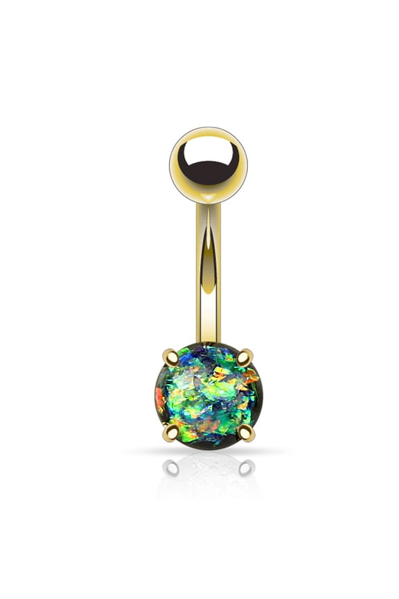 14GA Synthetic Opal Glitter Prong Set Gold IP Over 316L Surgical Steel Belly Button Ring