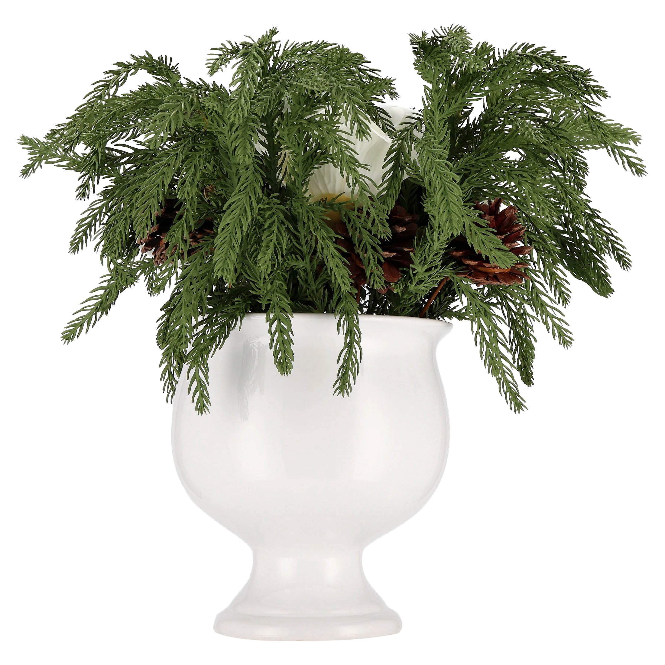 My Texas House Evergreen, Pinecone, and Magnolia Christmas Arrangement in Pot, Green and White, 15"